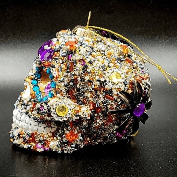 Sugar Skull Ornament Pier 1 Rhinestone Beaded Sequins Retired Halloween Gold v1 - Picture 5 of 10